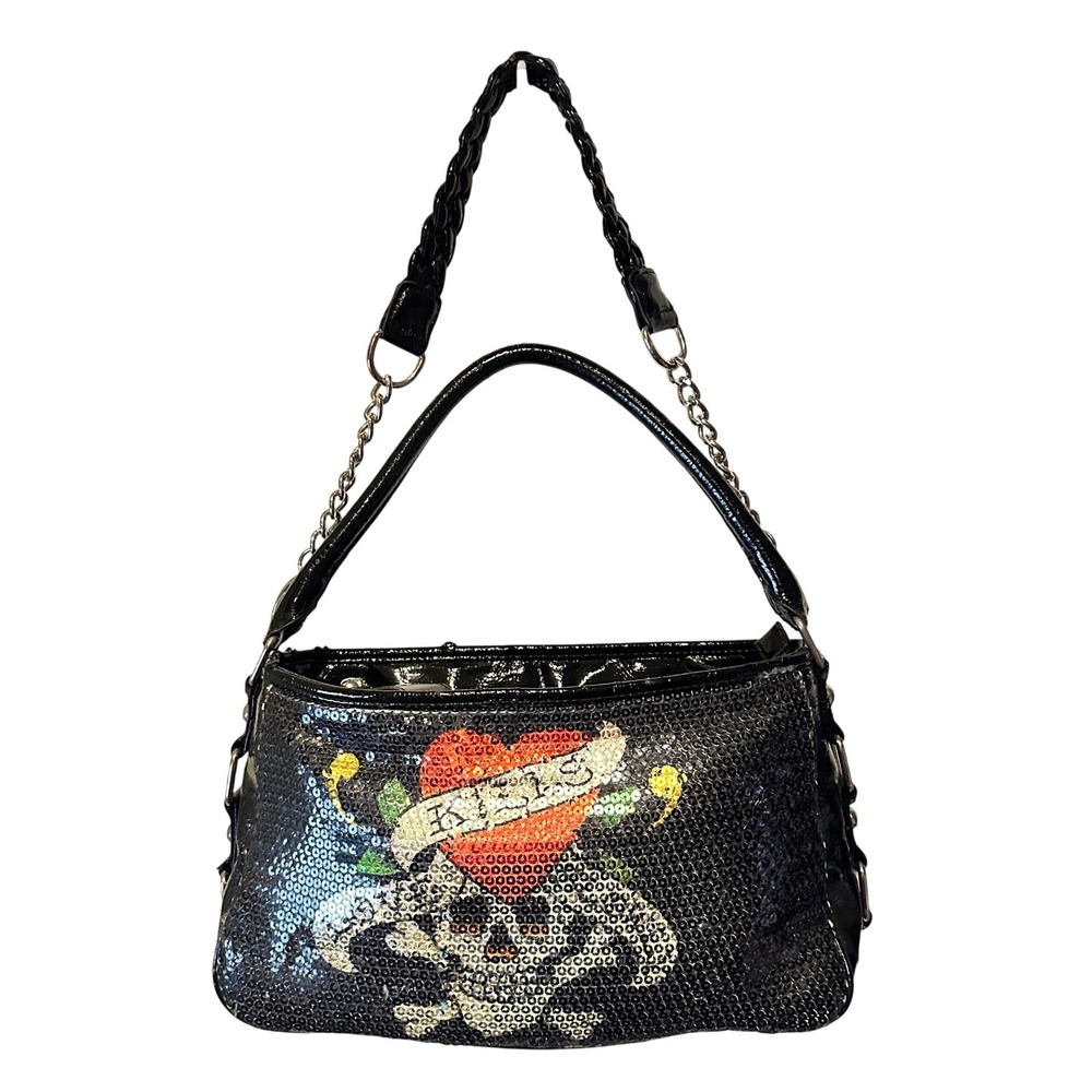 Ed Hardy Shoulder Bag‎ Black Patent Sequin Skull Heart Y2K Punk Gothic Purse